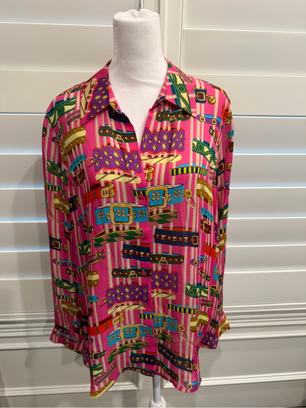 L’Agence Pink belt Patterned Long-Sleeve Button silk Shirt